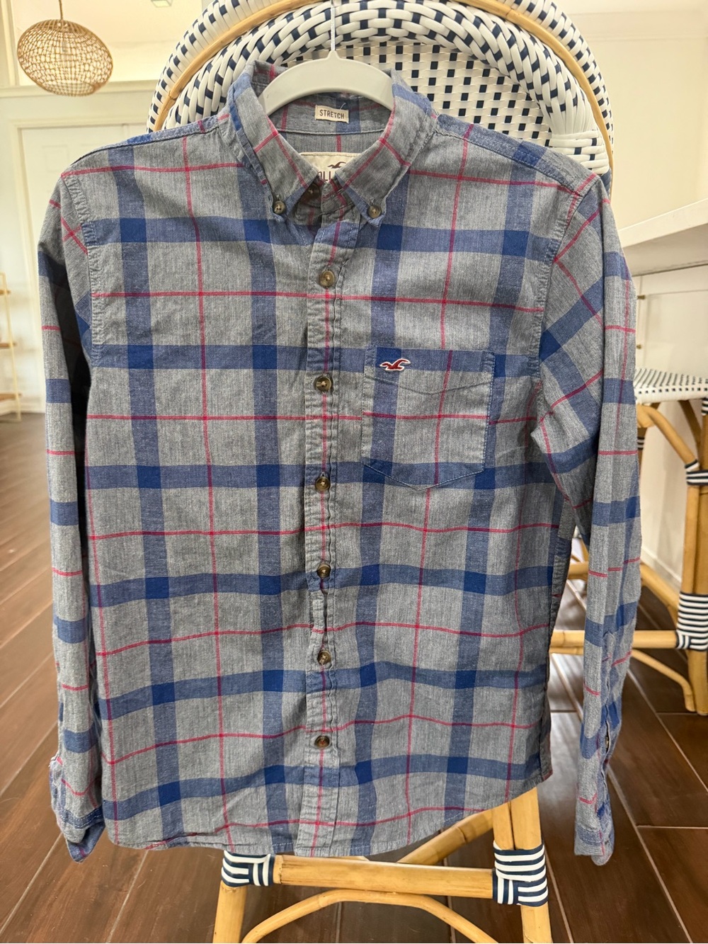 Hollister California Men's Stretch Plaid Button Down Shirt Grey Blue Size Small